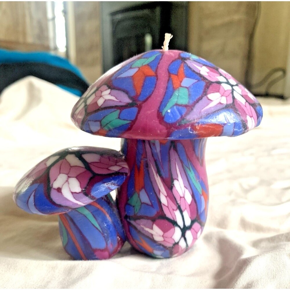 Vintage Mushroom Shaped Candle Mosiac Stained Glass Milleflori Hippie Boho 4"